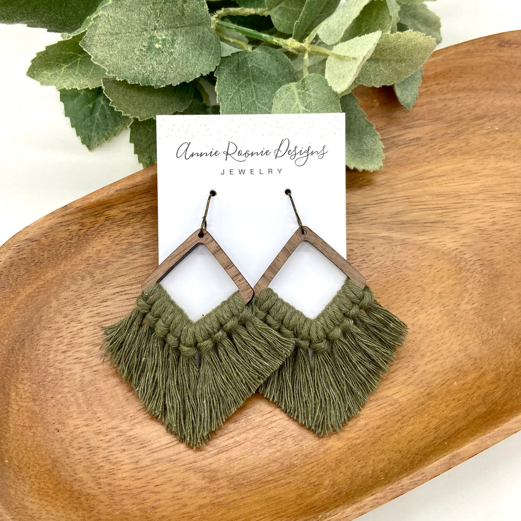 Olive Green Macrame + Wood diamond earrings