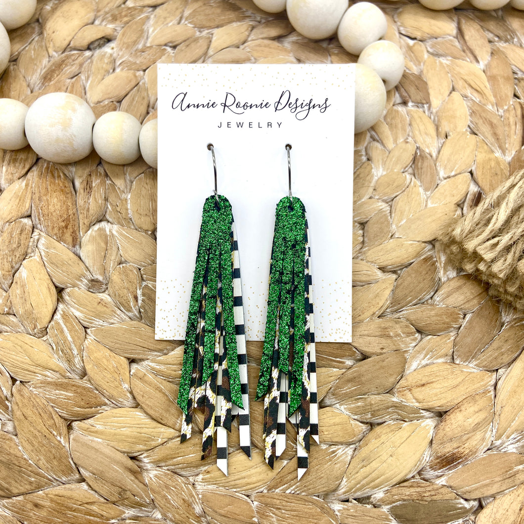 Skinny Fringed Earrings in Green, Leopard & Black/White leathers