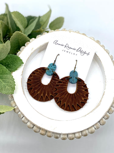 Teal & Brown Sunburst Circle Leather earrings