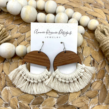 Load image into Gallery viewer, Natural Macrame + Wood Half Moon circle earrings