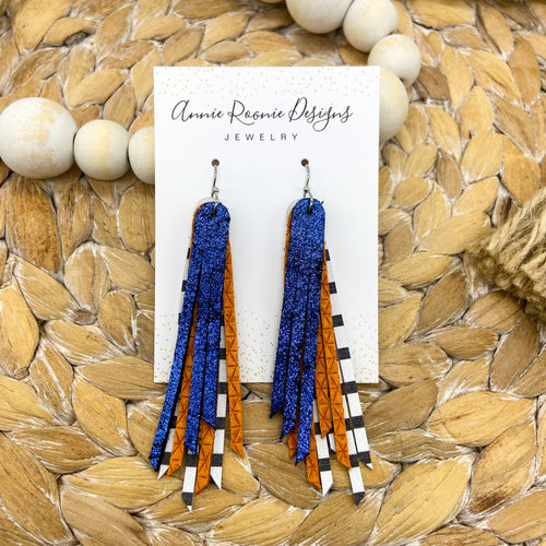 Skinny Fringed Earrings in Blue, Orange, White & Black leathers