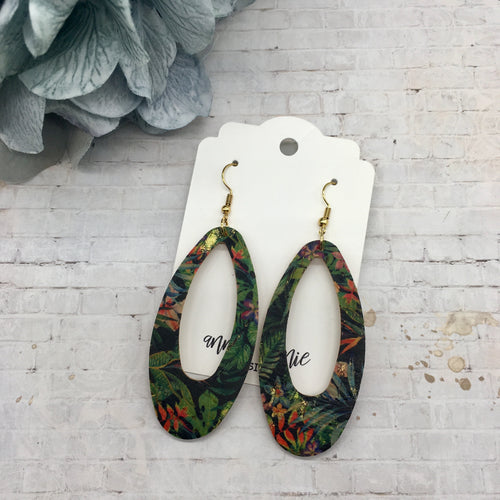 Green Jungle Print Cork leather Oval cutout earrings