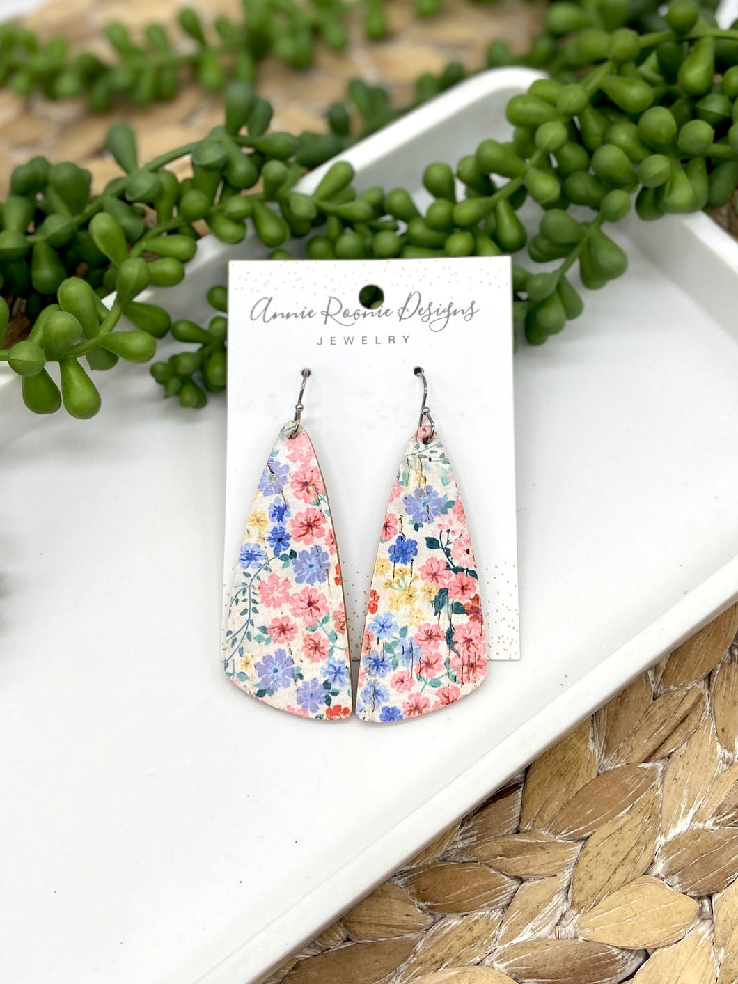 Spring Floral Cork Leather Angled Bar earrings