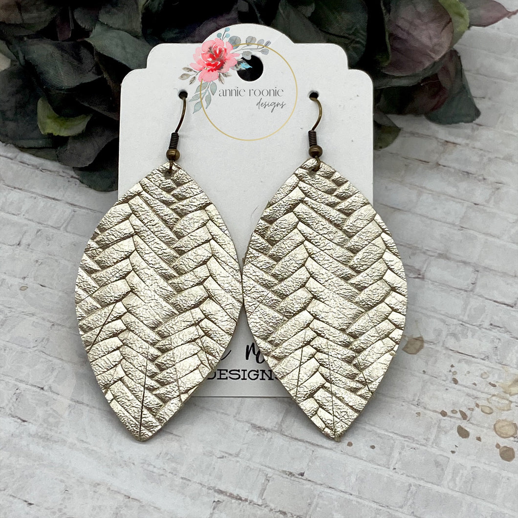 Platinum Gold Braided Leather Fringed Marquis earrings
