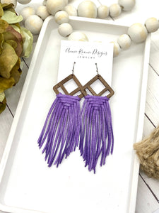 Woven Fringe Earrings in Purple leather