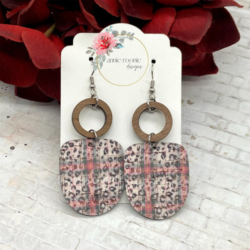 Red Plaid Leopard cork leather Rounded Geometric earrings