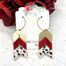 Load image into Gallery viewer, Red, Gold, &amp; Black Cork Leather Stacked Chevron earrings