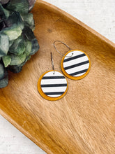 Load image into Gallery viewer, Black &amp; White Stripes + Mustard yellow suede double disc earrings