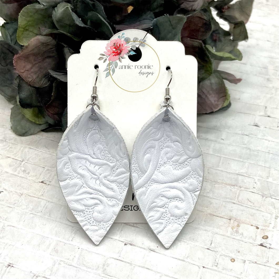 White Embossed Leather Pinched Petal earrings