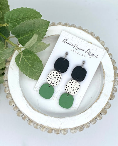 Green, Black & White Triple Square Clay earrings