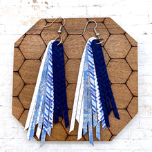 Load image into Gallery viewer, Skinny Fringed Earrings in Navy, White, &amp; Light Blue leathers