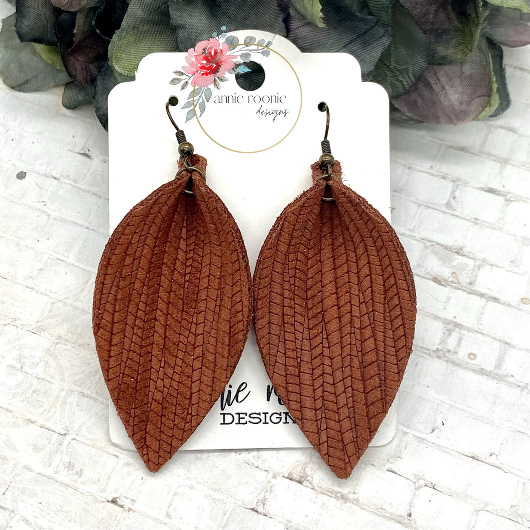 Cinnamon Brown Striped Suede Pinched Petal earrings