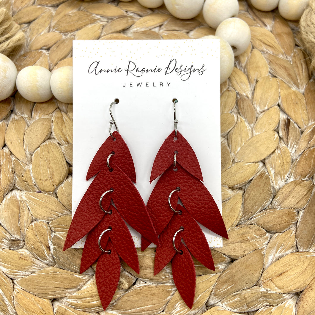 Falling Leaves Earrings in Red Pebbled Leather