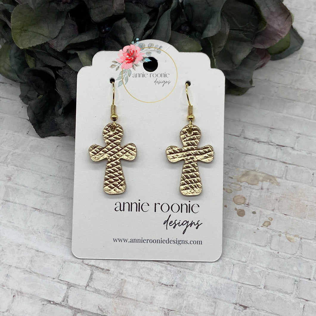 Gold leather Cross earrings