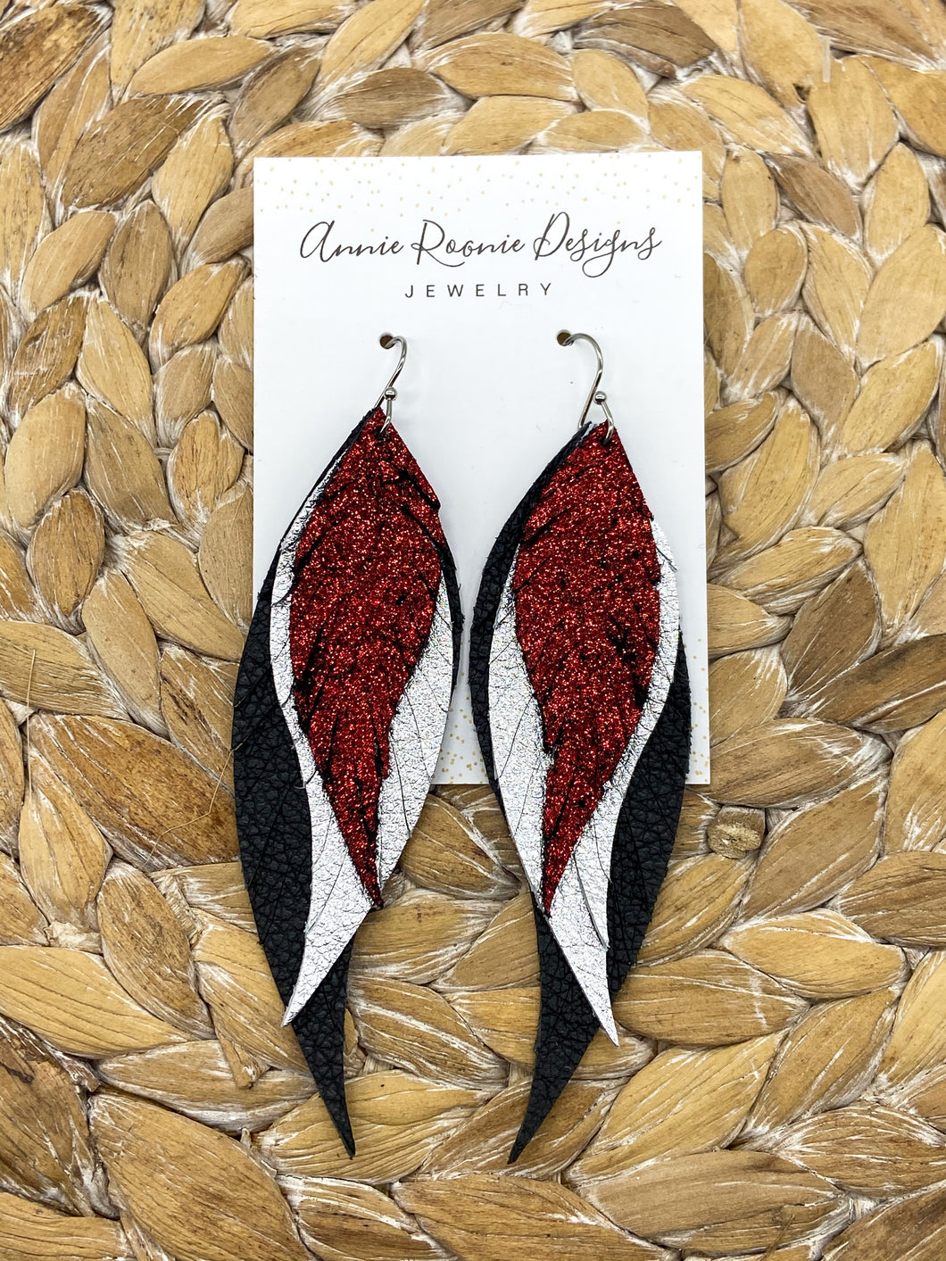 Triple Fringe Earrings in Silver, Red, and Black leathers