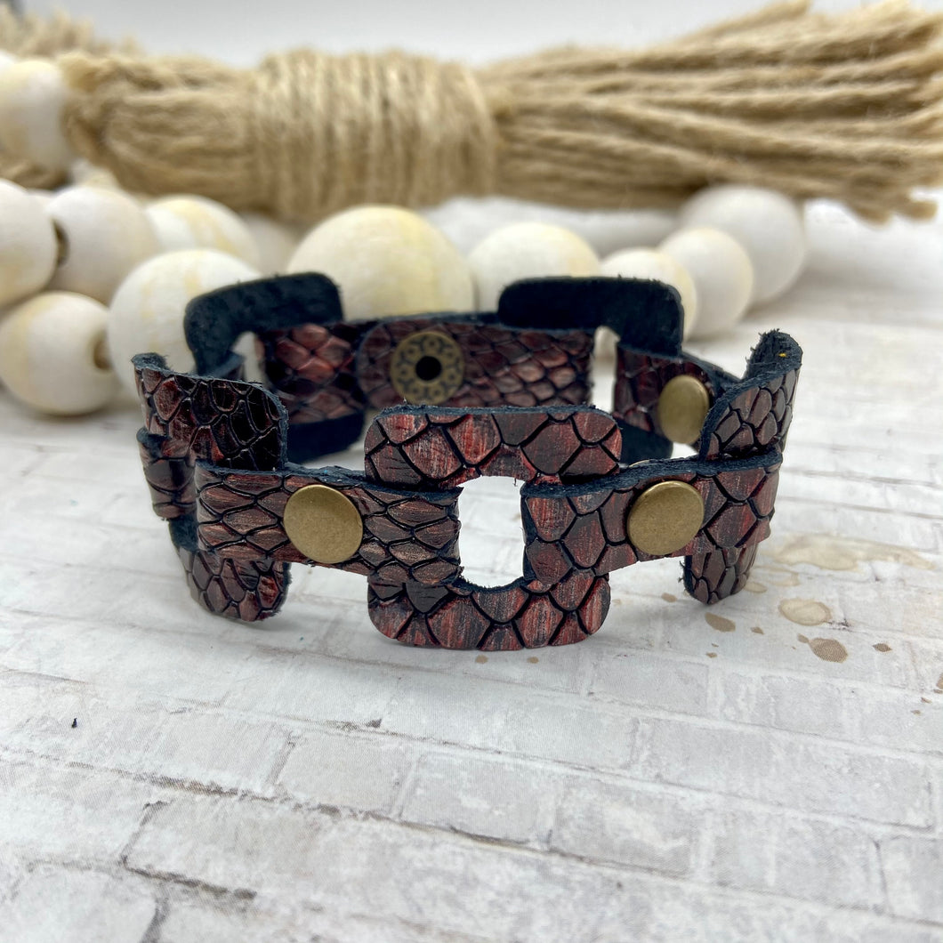 Burgundy Snakeskin leather Square link bracelet