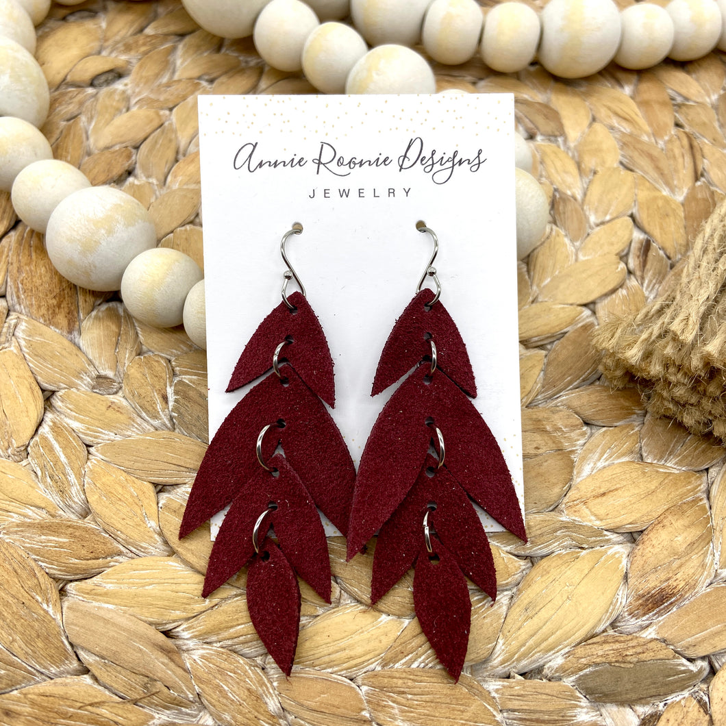 Falling Leaves Earrings in Maroon Suede Leather