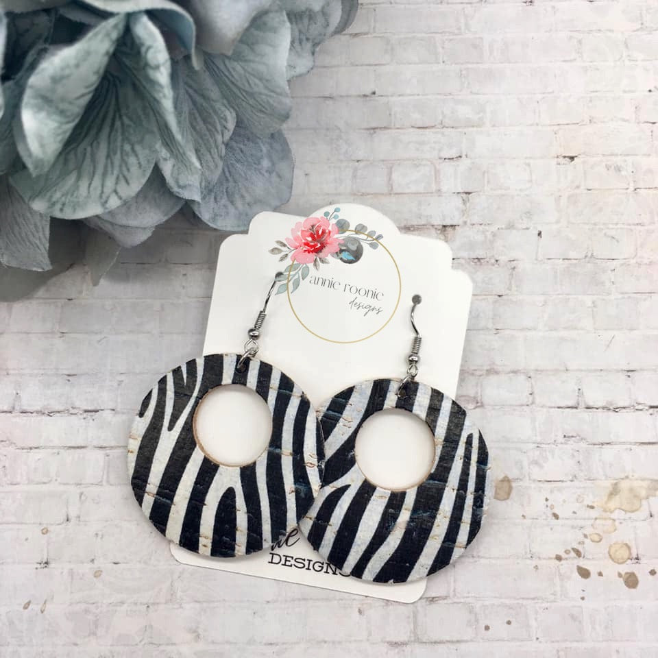 Black & White Zebra Cork Leather Circle cutout earrings