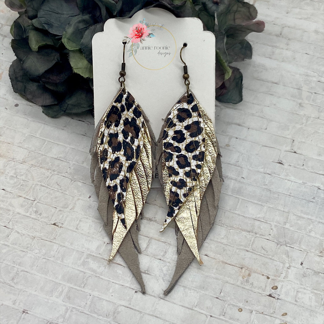 Triple Fringe Earrings in Leopard, Gold, and Taupe leathers