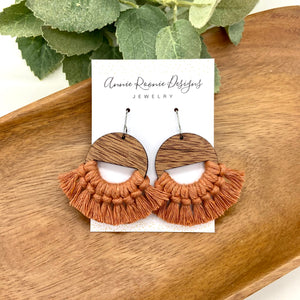 Peach Macrame + Wood earrings