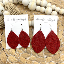 Load image into Gallery viewer, Red Floral Embossed Suede Marquis earrings
