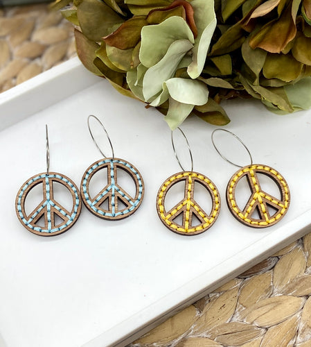Embroidered Wood Peace Sign earrings