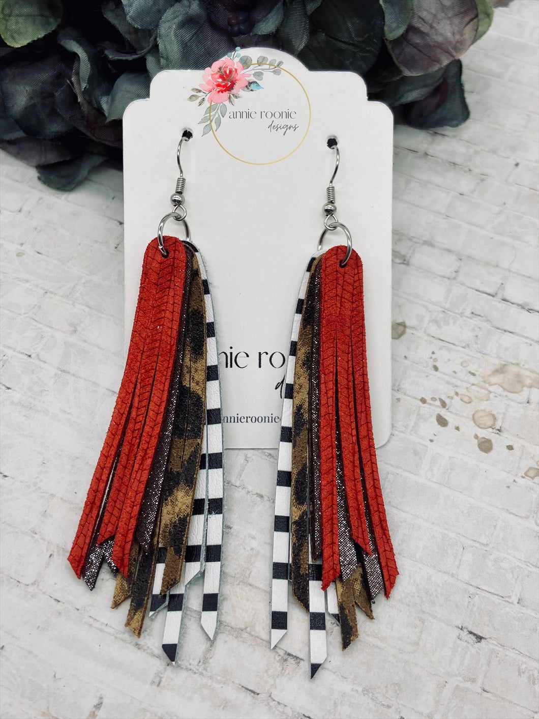 Skinny Fringed Earrings in Red, Metallic Taupe, Leopard, & Black & White Striped leathers
