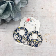 Load image into Gallery viewer, Yellow Poppies on Navy Cork Leather Circle cutout earrings