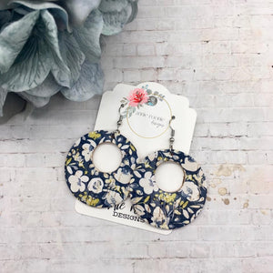 Yellow Poppies on Navy Cork Leather Circle cutout earrings