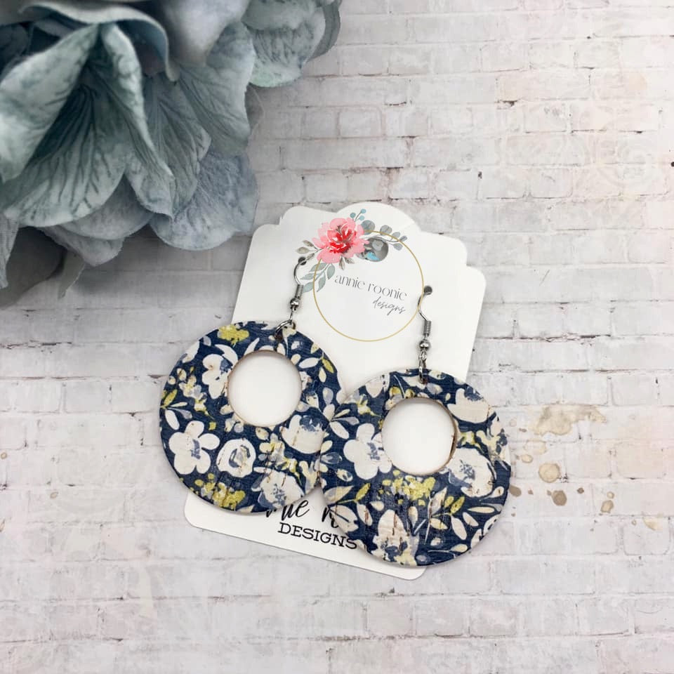 Yellow Poppies on Navy Cork Leather Circle cutout earrings